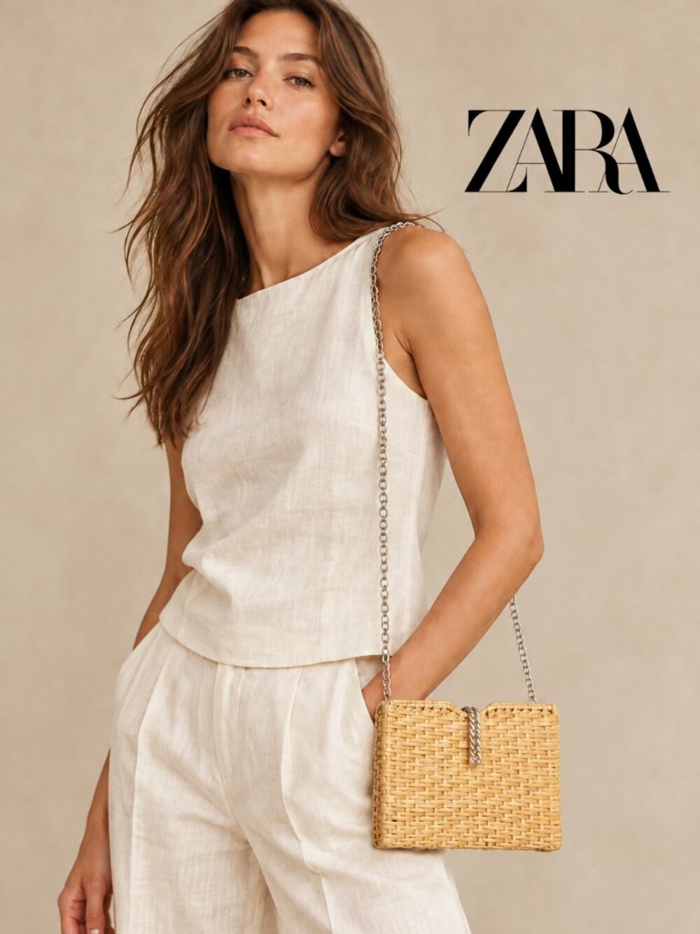 ZARA WOMAN Straw Chainlink Strap Handbag Tan Gold Tone Hardware Purse